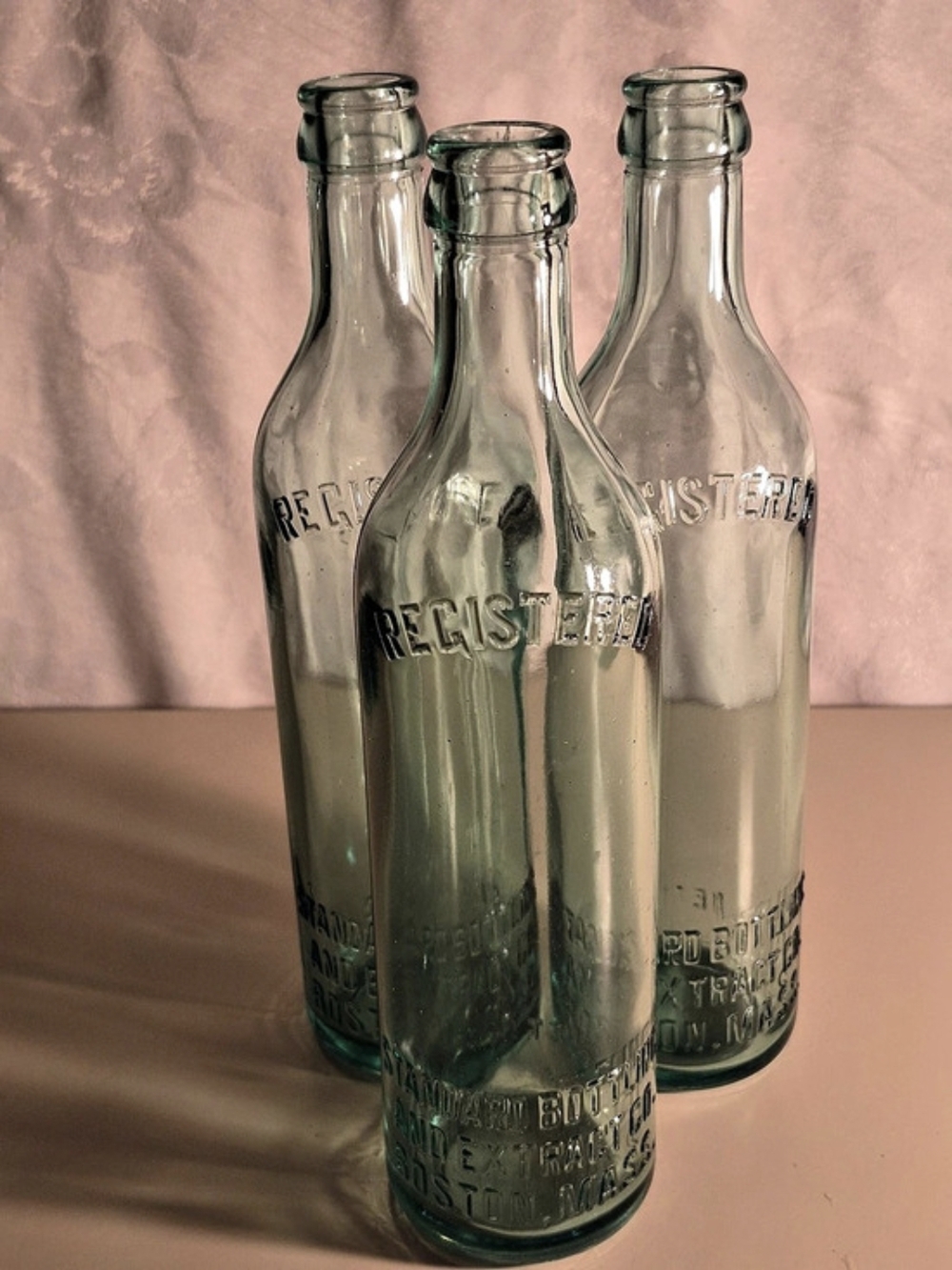 Set of 3 Vintage Green Embossed Glass Bottles Standard Bottle And Extract Co